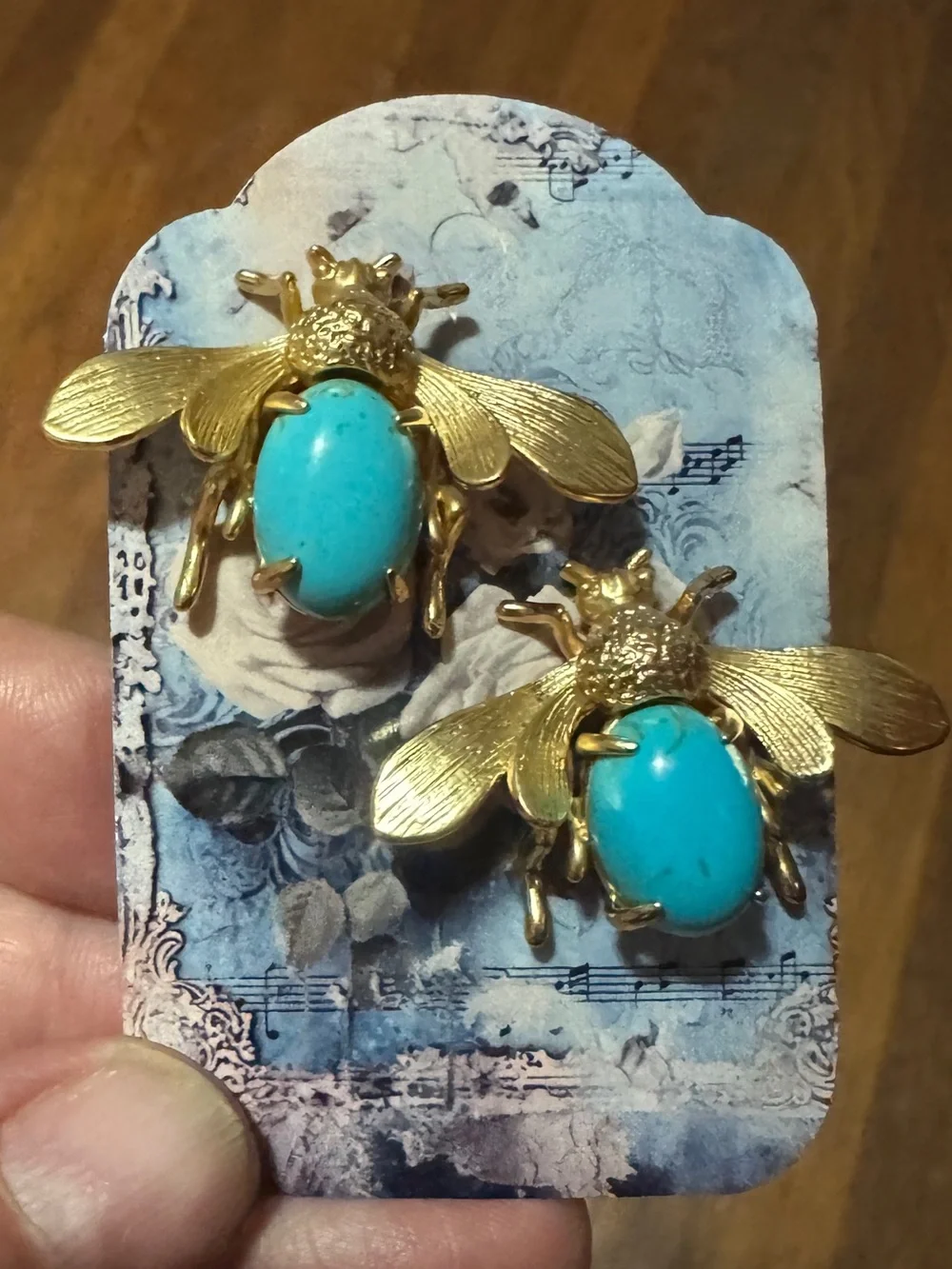 Gold Bee Brooch Pair with Turquoise Stone - Blue